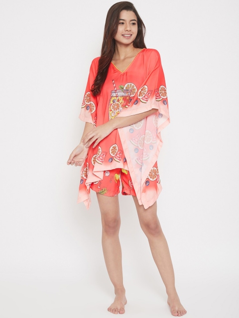 

The Kaftan Company Women Orange & Yellow Tropical Printed Night Suit