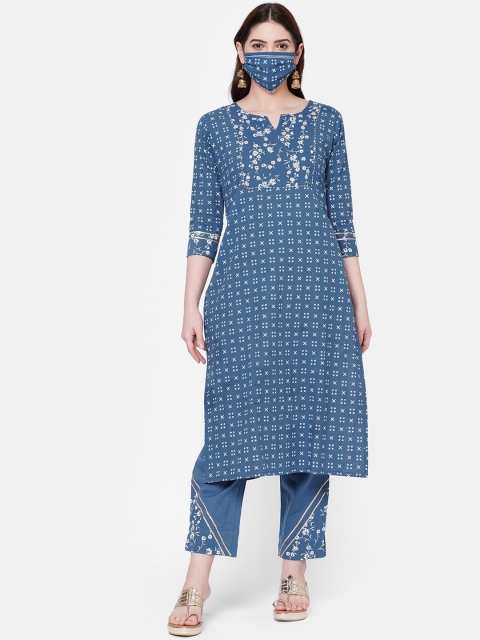 

FASHOR Women Blue Printed Kurta with Pyjamas