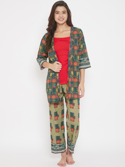 

The Kaftan Company Women Red & Blue Floral Printed Night Suit With Shrug