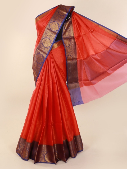 

Pothys Red & Blue Cotton Blend Solid Saree
