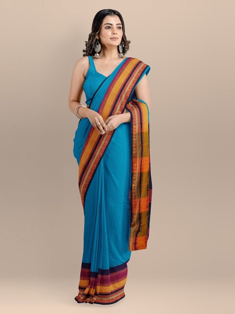 

BharatSthali Blue Silk Cotton Solid Maheshwari Saree