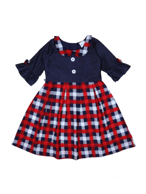 

Doodle Girls Navy Blue & Red Checked Fit and Flare Dress