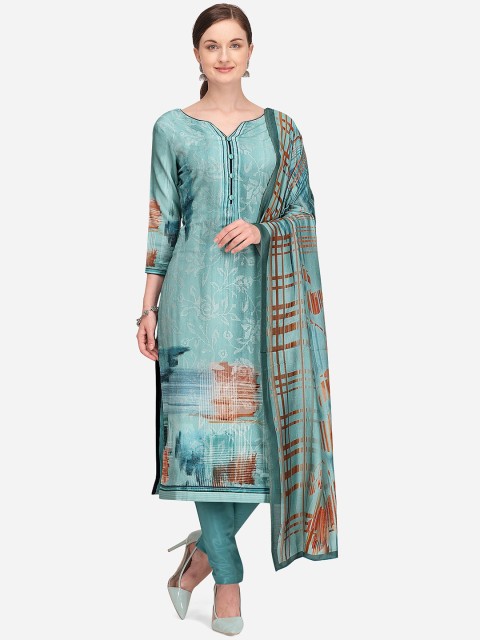 

Stylee LIFESTYLE Women Turquoise Blue & Orange Printed Unstitched Dress Material