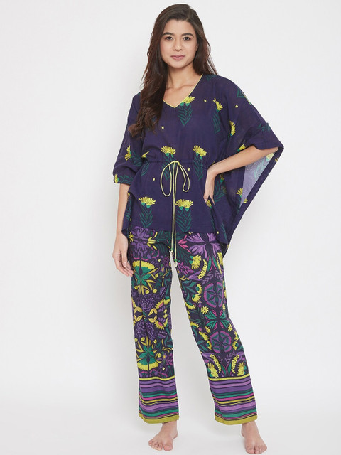 

The Kaftan Company Women Blue & Yellow Floral Printed Night Suit