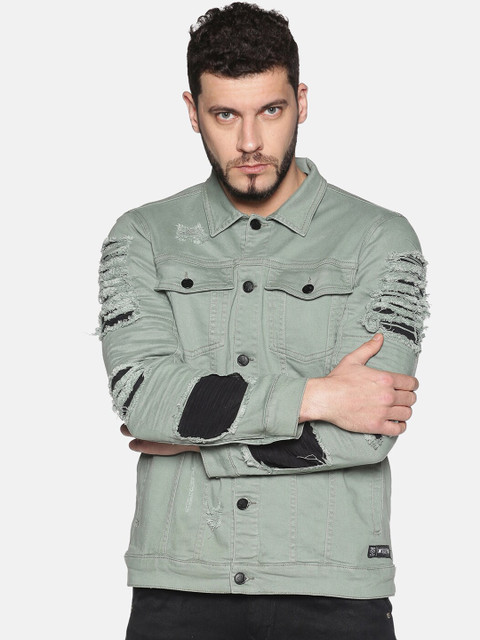 

KULTPRIT Men Green Ripped Denim Jacket