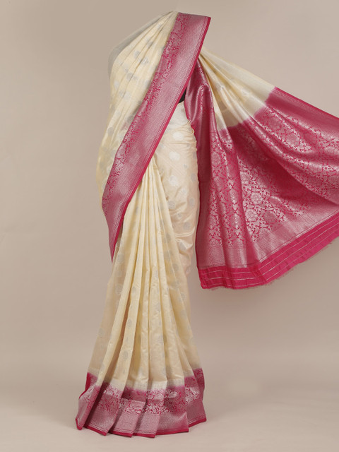 

Pothys Off-White & Maroon Jute Silk Colourblocked Saree