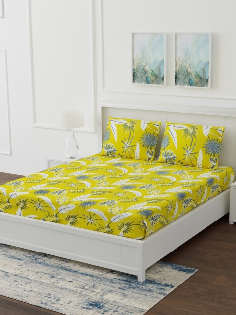 

eCraftIndia Yellow & Grey Floral 250 TC 100% Cotton Double King Bedsheet with 2 Pillow Covers