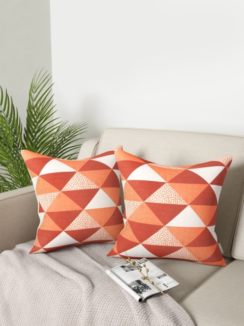 

PETAL HOME Set Of 2 Rust Brown & Orange Geometric Printed Square Cushion Covers