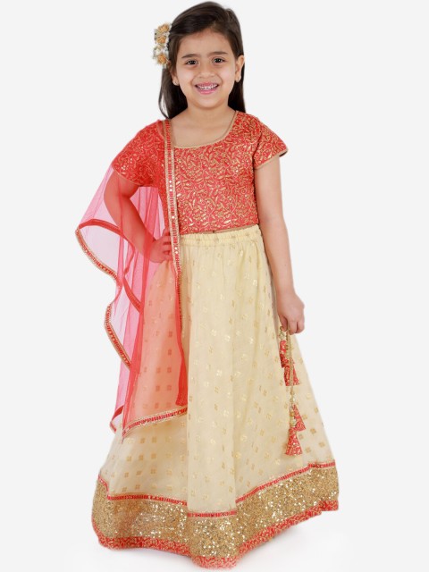 

KID1 Girls Red & Cream-Coloured Embroidered Ready to Wear Lehenga & Blouse with Dupatta