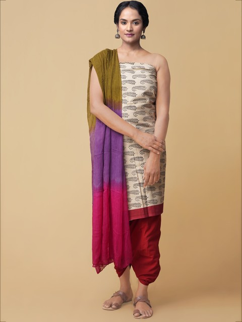 

Unnati Silks Women Cream-Coloured & Red Embroidered Unstitched Dress Material