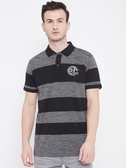 

Duke Men Black Striped Polo Collar Cotton T-shirt