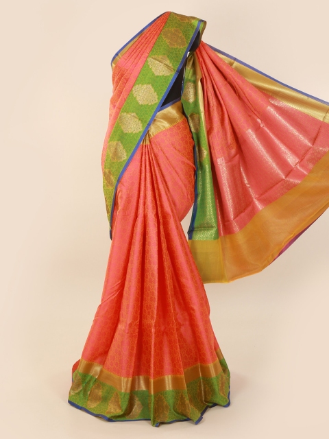 

Pothys Peach-Coloured & Green Cotton Blend Woven Design Saree
