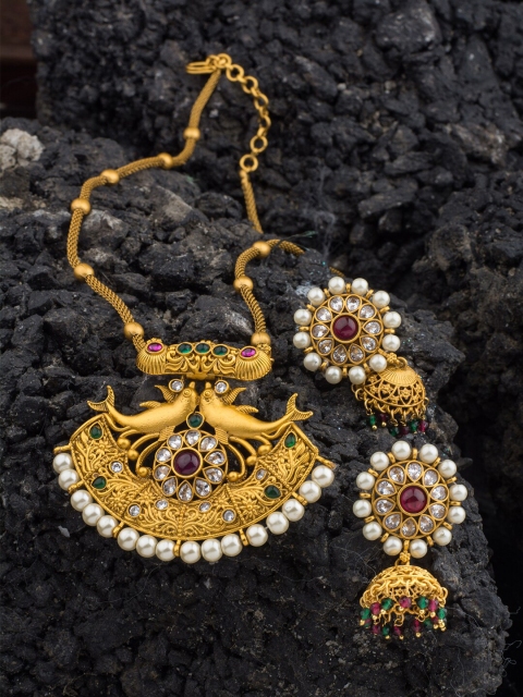

Alankruthi Gold-Plated White & Green CZ-Studded & Beaded Temple Jewellery Set