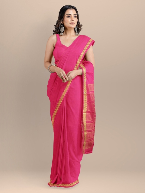 

BharatSthali Pink Silk Cotton Solid Handloom Banarasi Sustainable Saree