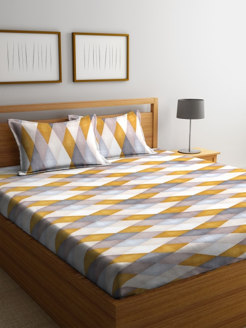 

NEUDIS Yellow & Grey Printed 180 TC Double Bedsheet with 2 Pillow Covers