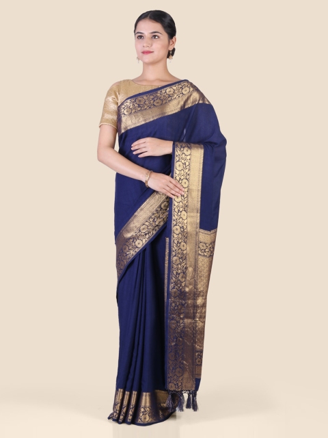

Hastakala Blue & Gold-Toned Pure Linen Solid Saree