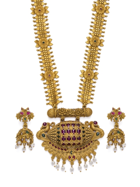 

Alankruthi Gold-Plated Pink & Green Stone Studded Beaded Peacock Design Chain Necklace Jewellery Set