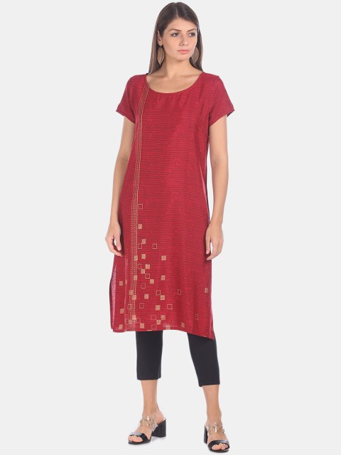

Karigari Women Maroon Printed Straight Kurta