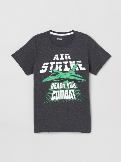 

max Boys Grey Printed Round Neck Cotton T-shirt