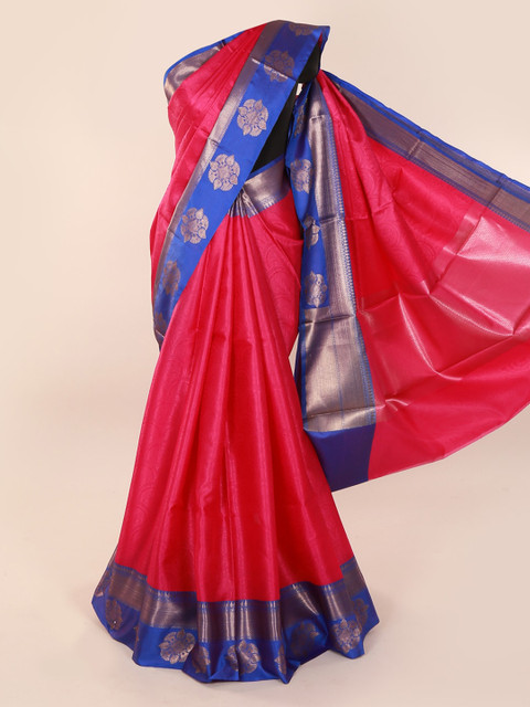 

Pothys Pink & Blue Cotton Blend Solid Saree