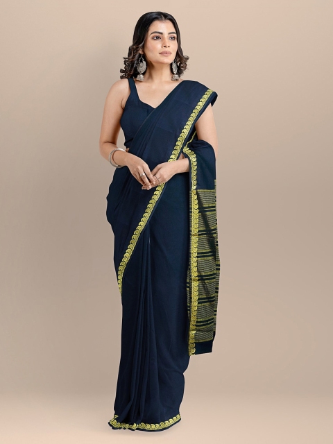 

BharatSthali Navy Blue Silk Cotton Solid Handloom Banarasi Saree