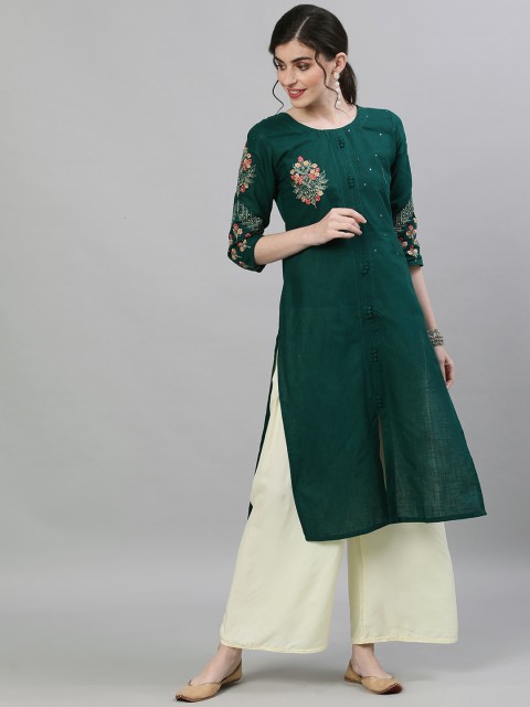 

Ishin Women Green Embroidered Straight Kurta