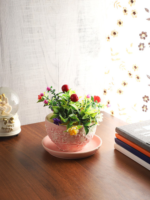 

CDI Pink & White Textured Ceramic Bowl Shaped Planter With Plate
