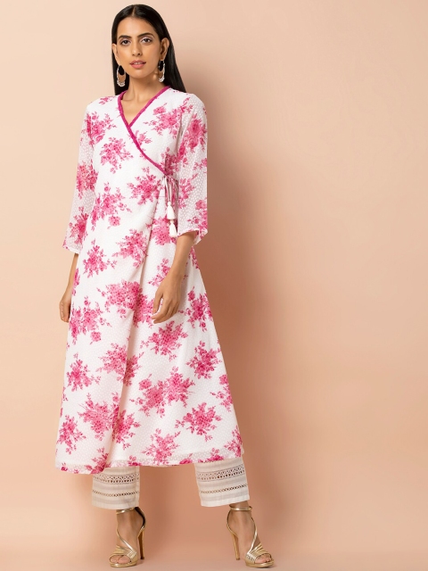 

INDYA Ivory Printed Dotted Chiffon Angrakha Kurta, White