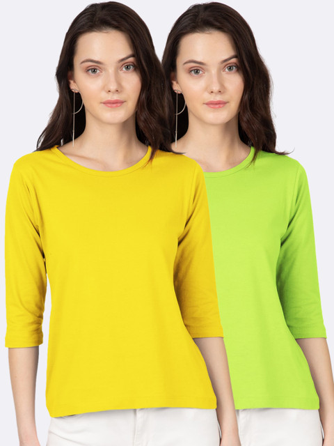 

Bewakoof Women Green and Yellow Set of 2 Solid Boat Neck T-shirt