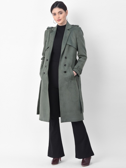 

AUDSTRO Women Green Solid Double-Breasted Trench Coat