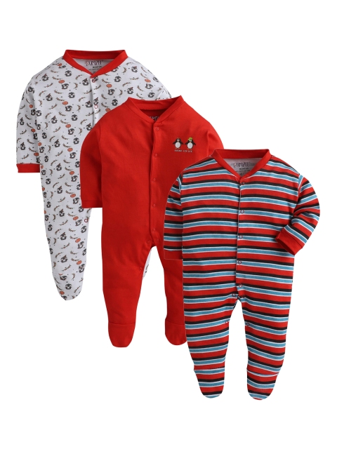 

BUMZEE Infant Unisex Kids Pack Of 3 Sleepsuits, Red