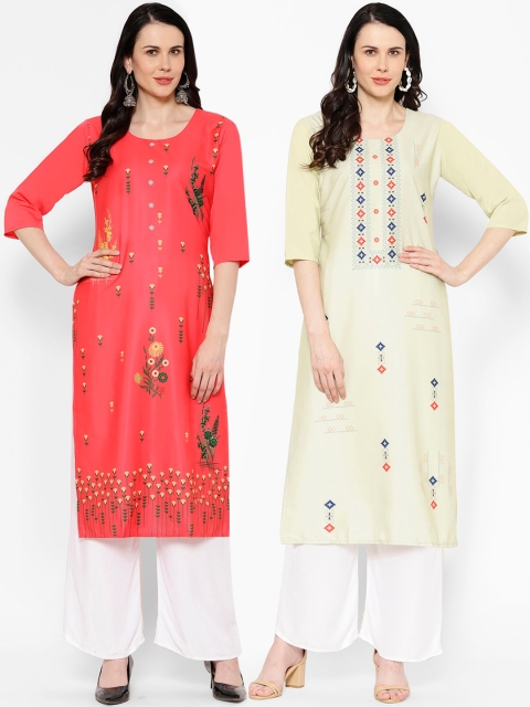 

7Threads Women Coral & Cream-Coloured Set of 2 Straight Kurta