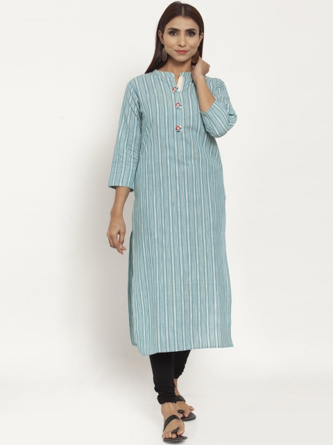 

Kiaasa Women Blue & White Striped Straight Pure Cotton Kurta