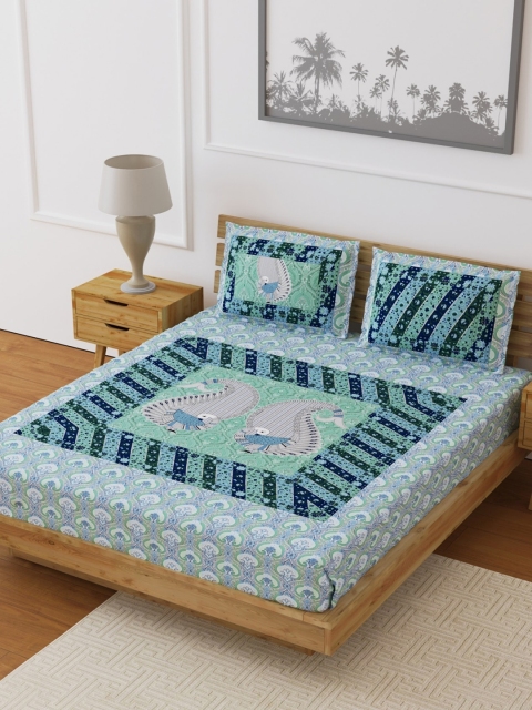 

LIVING ROOTS Blue & White Jaipuri Rajasthani Floral-Printed 210 TC Double Bedsheet with 2 Pillow Covers