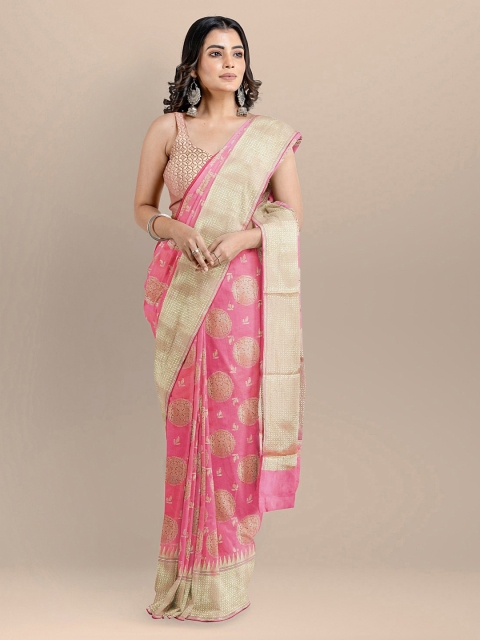 

BharatSthali Pink Silk Cotton Woven Design Banarasi Sustainable Saree