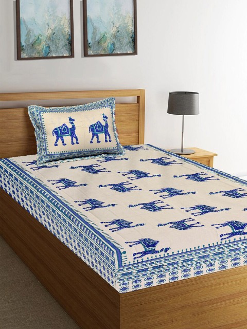 Tistabene Blue & White Printed 180 TC Cotton Single Bedsheet With 1 Pillow Cover