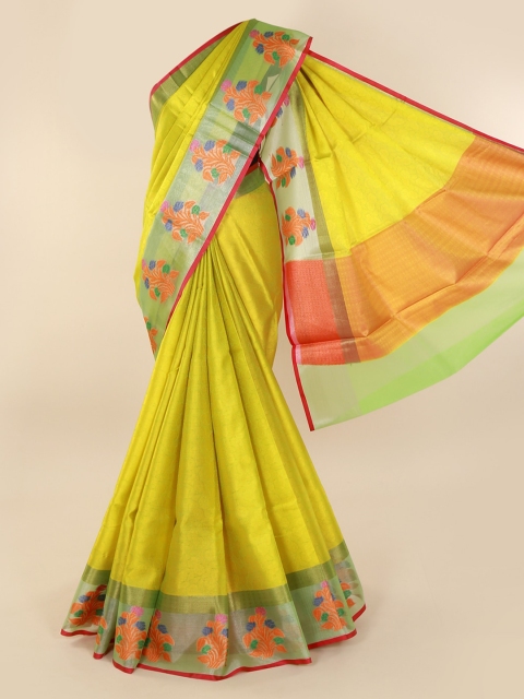 

Pothys Green & Orange Cotton Blend Solid Saree