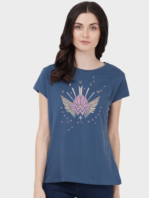 

Free Authority Women Blue Wonder Woman Printed Round Neck Cotton T-shirt