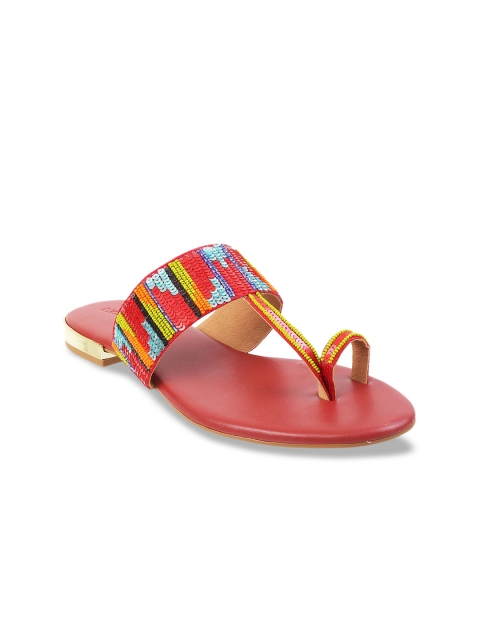 

Mochi Women Red Striped One Toe Flats