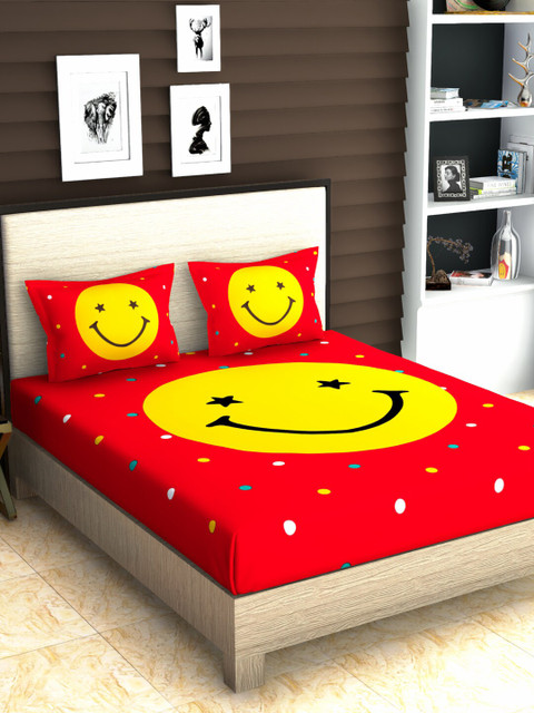 

METRO LIVING Red & Yellow Smiley Print 144 TC 100% Cotton Double Queen Bedsheet with 2 Pillow Covers