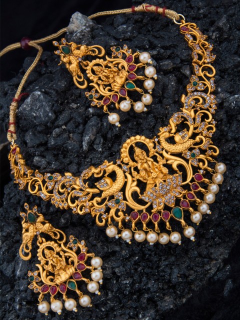 

Alankruthi Gold-Plated Red & Green Stone Studded & Beaded Jewellery Set