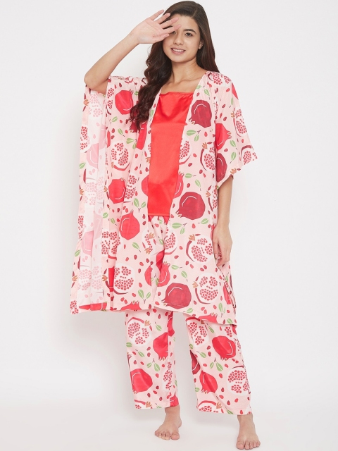 

The Kaftan Company Women Peach-Coloured & Coral Pink Printed Night Suit