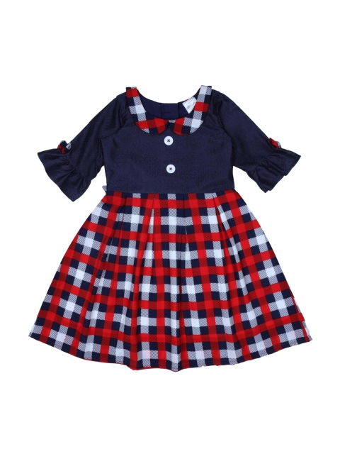 

Doodle Girls Navy Blue & Red Checked Fit and Flare Dress