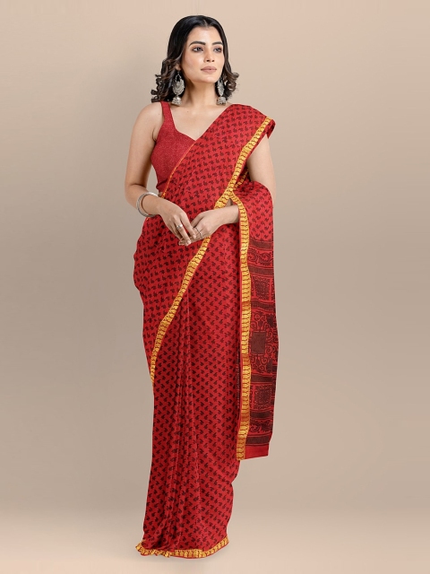 

BharatSthali Red Silk Cotton Printed Banarasi Sustainable Saree