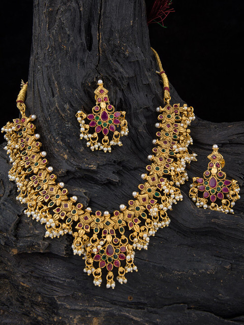 

Alankruthi Gold-Plated Pink & Green Stone Studded Jewellery Set