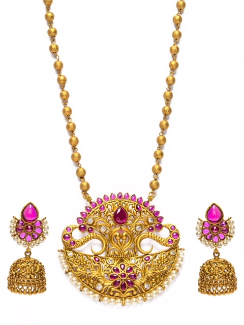 

Alankruthi Gold Plated Pink Stone Studded Temple Jewellery Set