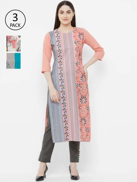 

7Threads Women Pack Of 3 Printed Straight Kurtas, Pink