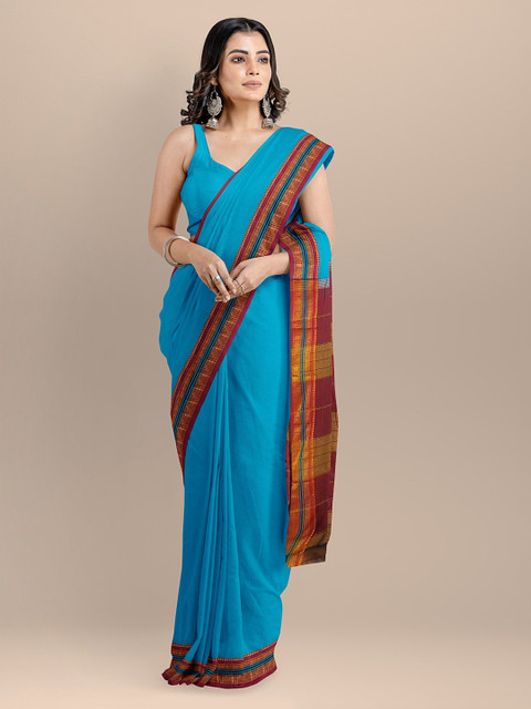 

BharatSthali Blue & Maroon Silk Cotton Solid Maheshwari Saree
