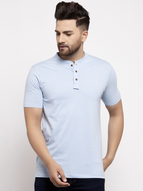 

Kalt Men Blue Solid Mandarin Collar T-shirt