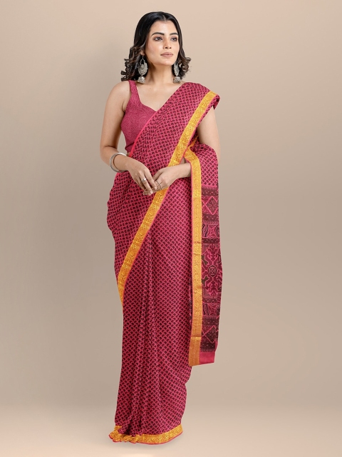 

BharatSthali Pink & Black Silk Cotton Printed Banarasi Saree